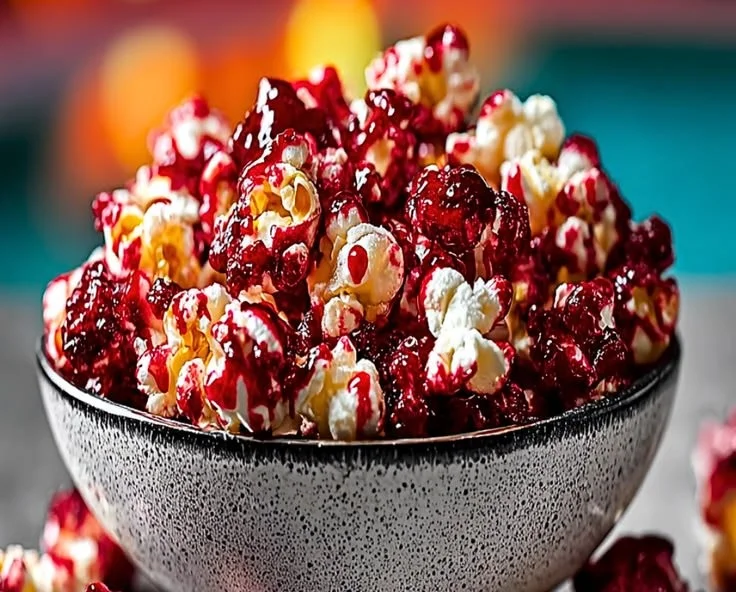 Bloody Red Velvet Popcorn in a decorative bowl, perfect for festive occasions.