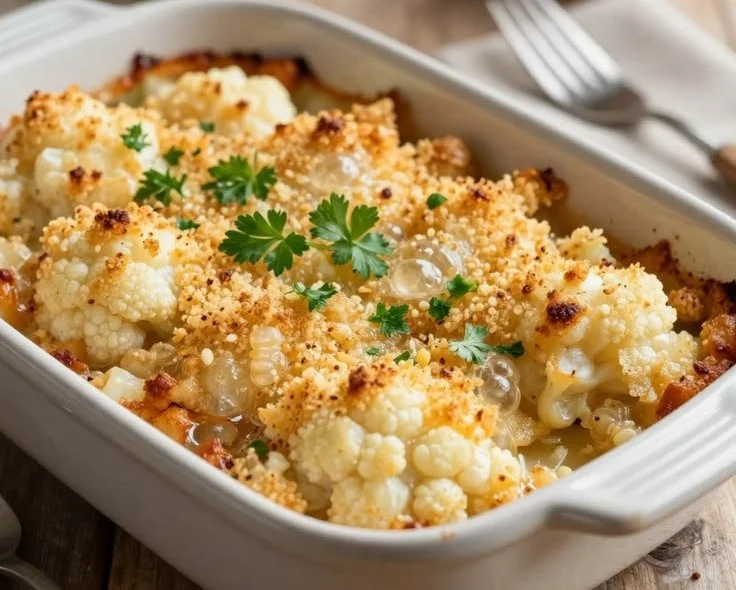 Creamy cauliflower casserole served in a baking dish with melted cheese on top