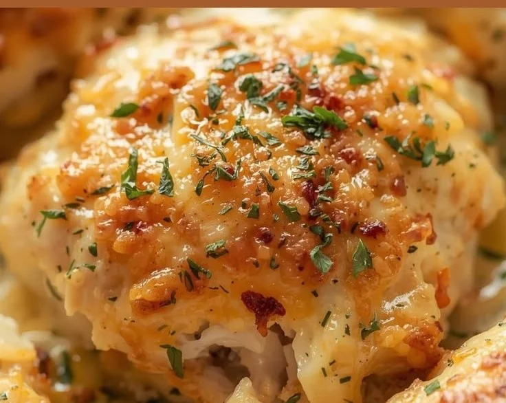 Cheesy garlic parmesan chicken bake served with fresh herbs