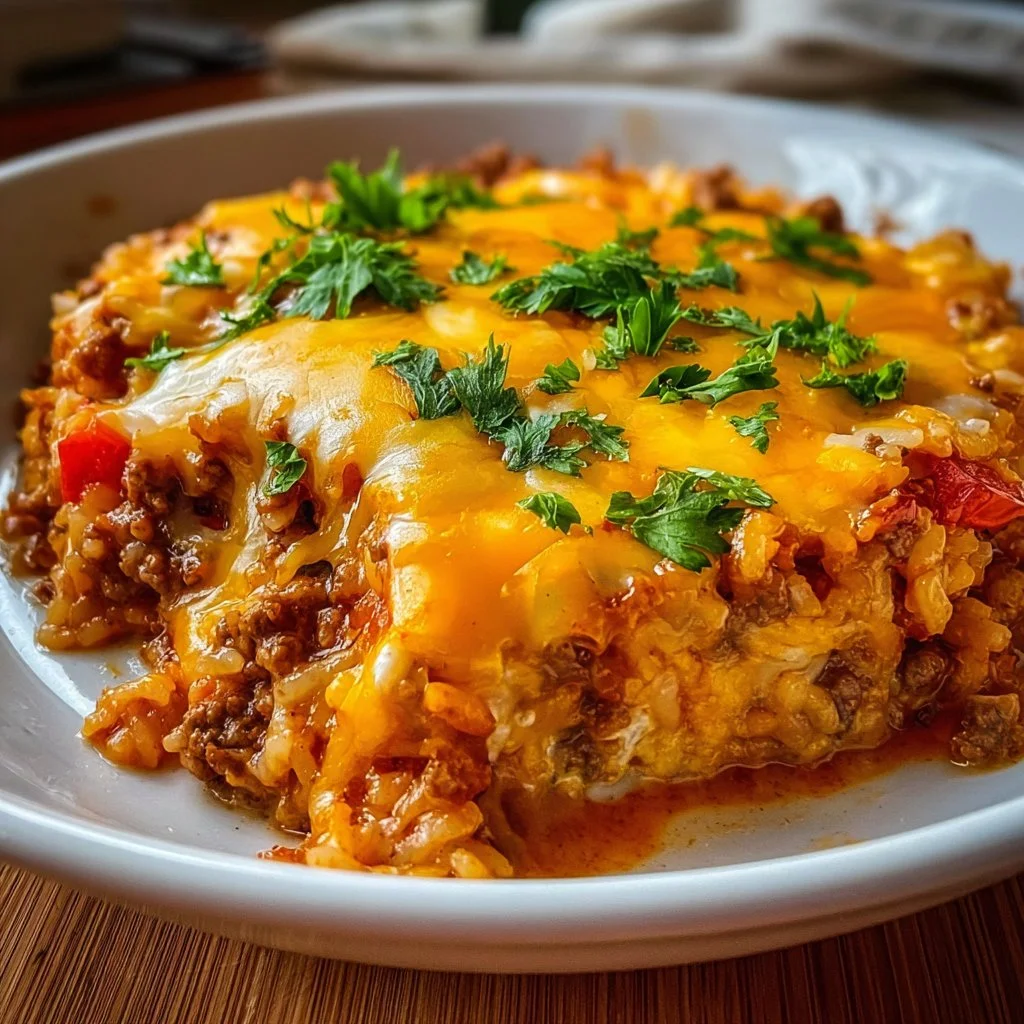 Cheesy ground beef and rice casserole served in a baking dish