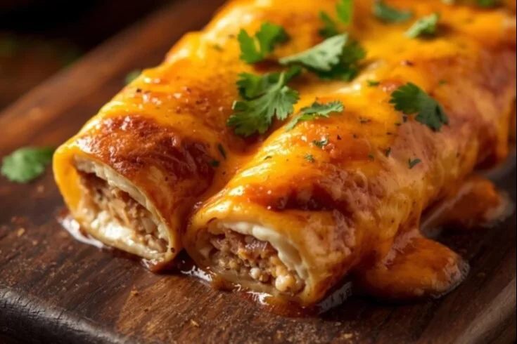 Cheesy queso chicken enchiladas topped with melted cheese and garnished.