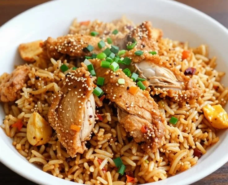A vibrant plate of Chicken Fried Rice garnished with vegetables and herbs.