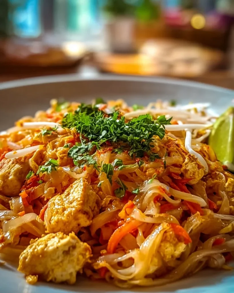Delicious Chicken Pad Thai with colorful vegetables and peanuts served in a bowl.