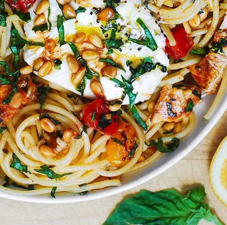 Plate of Chicken Spaghetti with Burrata and Lemon Butter Garlic Sauce
