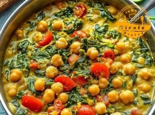 Chickpea and spinach curry served in a bowl, garnished with cilantro.