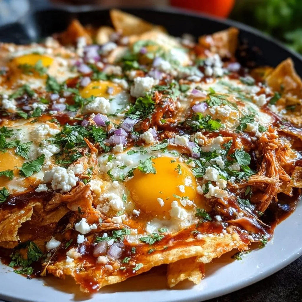 A plate of traditional Mexican chilaquiles topped with fresh cilantro and avocado.