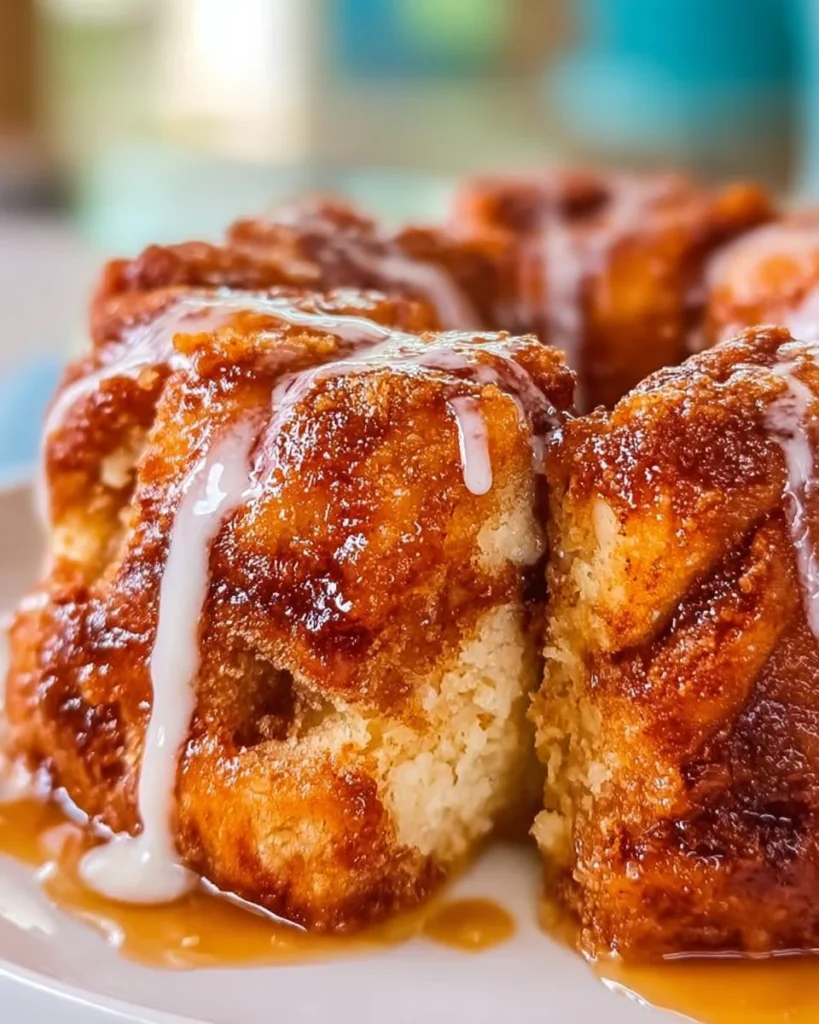 Freshly baked cinnamon roll monkey bread topped with icing and cinnamon