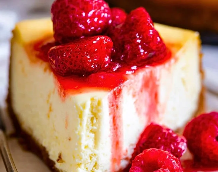 Classic cheesecake with raspberry sauce served on a white plate