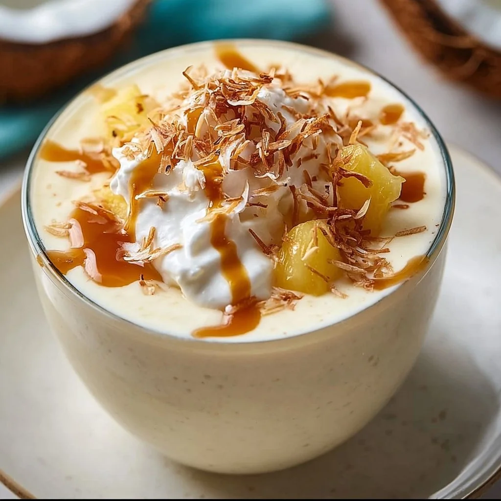 Delicious coconut milk smoothie topped with fresh fruits