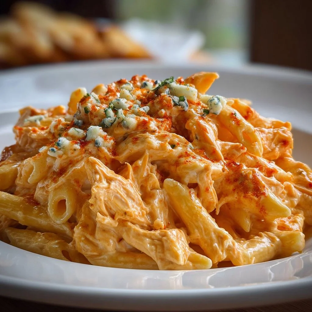 Creamy Buffalo Chicken Alfredo pasta served in a bowl with herbs and red pepper flakes.
