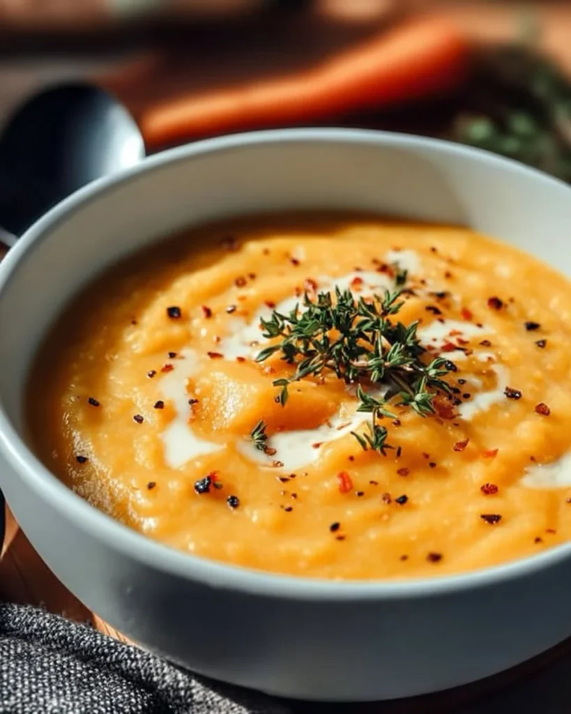 Bowl of creamy carrot potato soup garnished with herbs