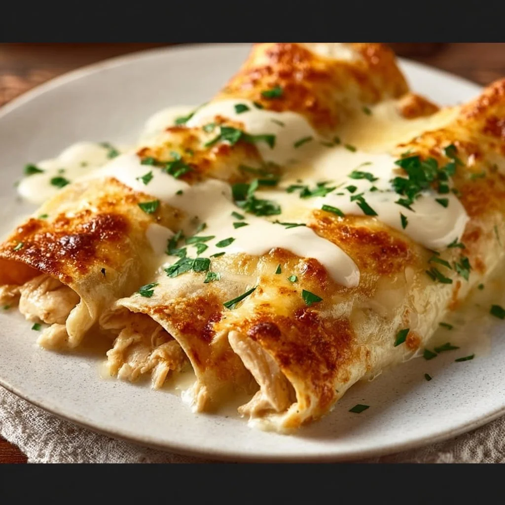 Creamy chicken enchiladas with white sauce served on a plate