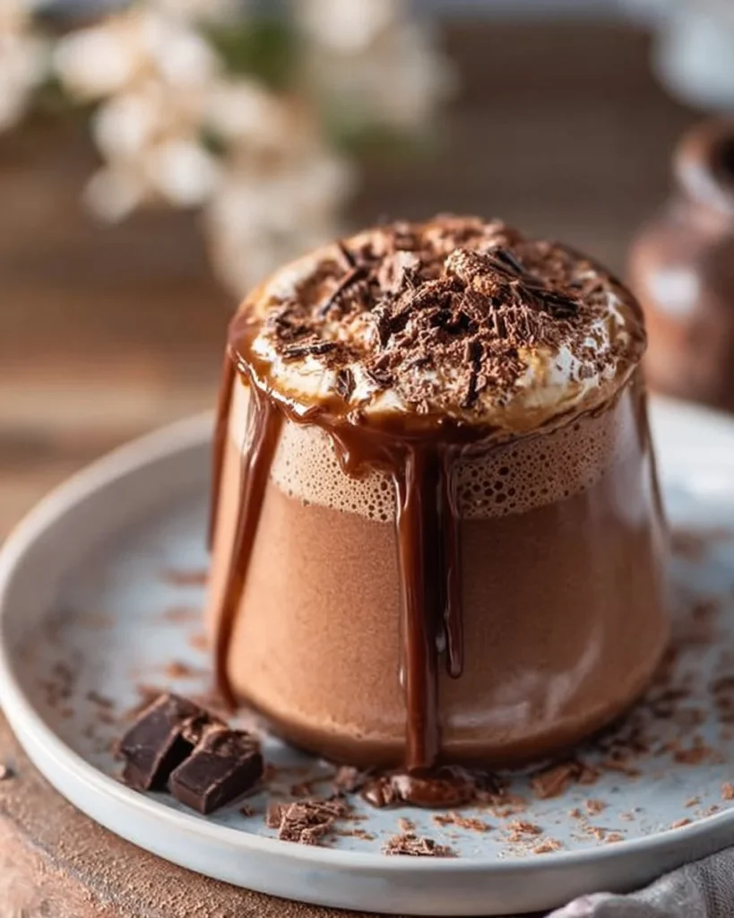 Delicious creamy chocolate protein shake in a glass with toppings