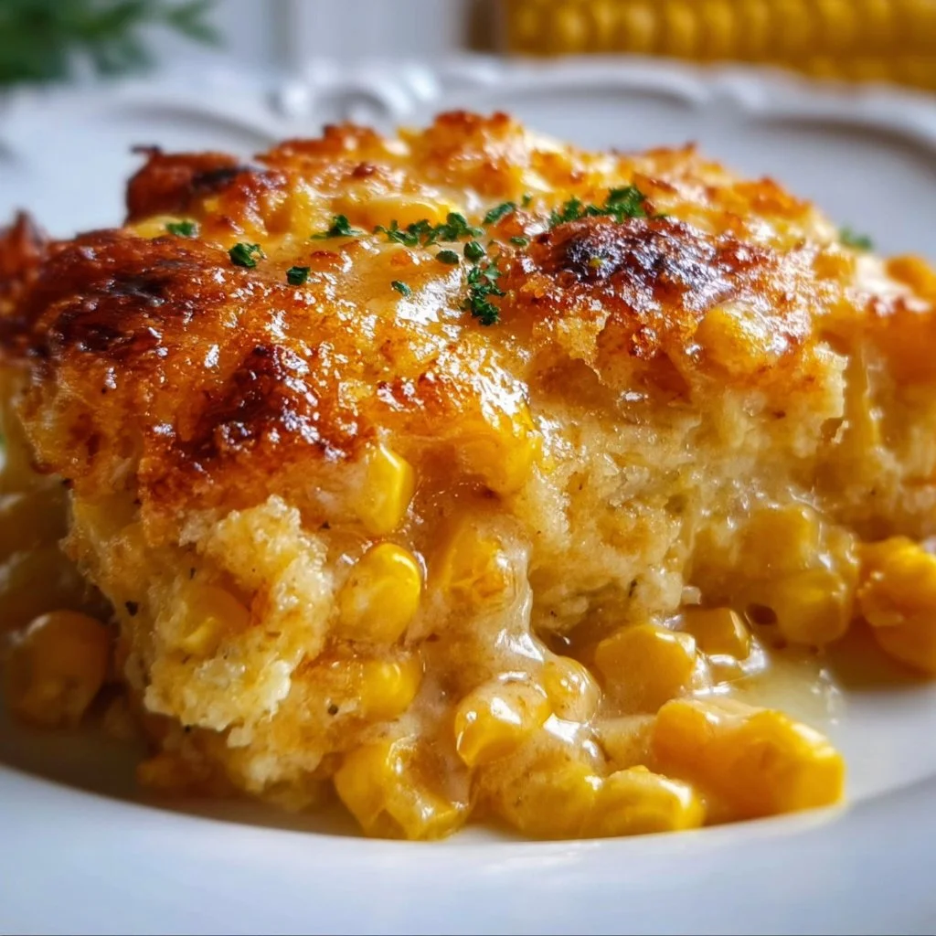 Delicious creamy corn casserole served in a baking dish