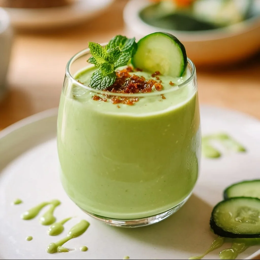 Creamy cucumber smoothie in a glass with fresh cucumber slices