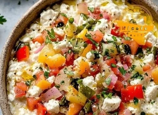 Creamy cottage cheese giardiniera dip served with fresh vegetables