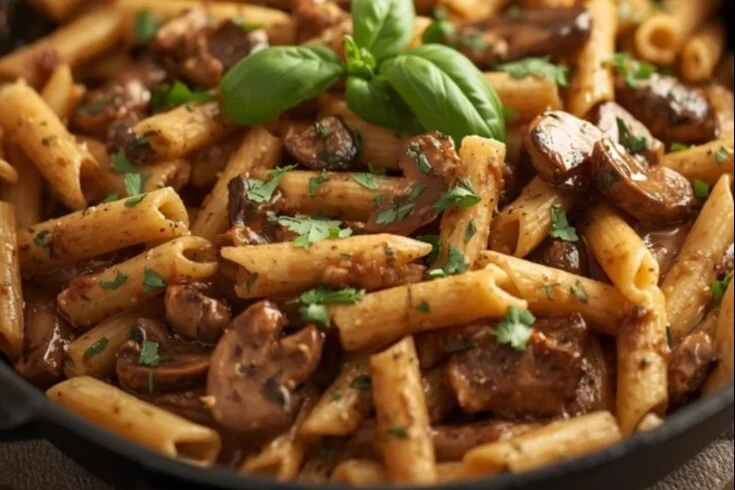 Creamy Tuscan mushroom pasta skillet in a pan with fresh herbs