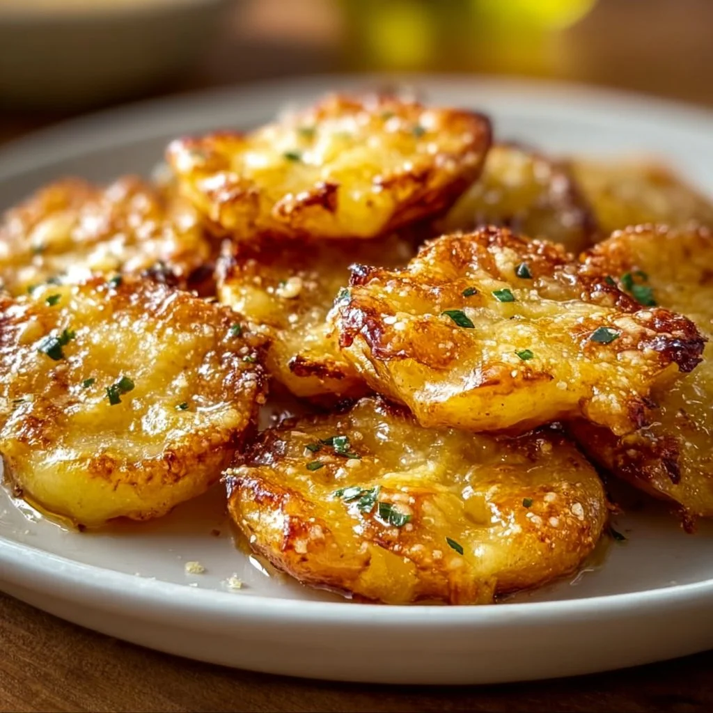 Crispy garlic parmesan smashed potatoes served on a plate