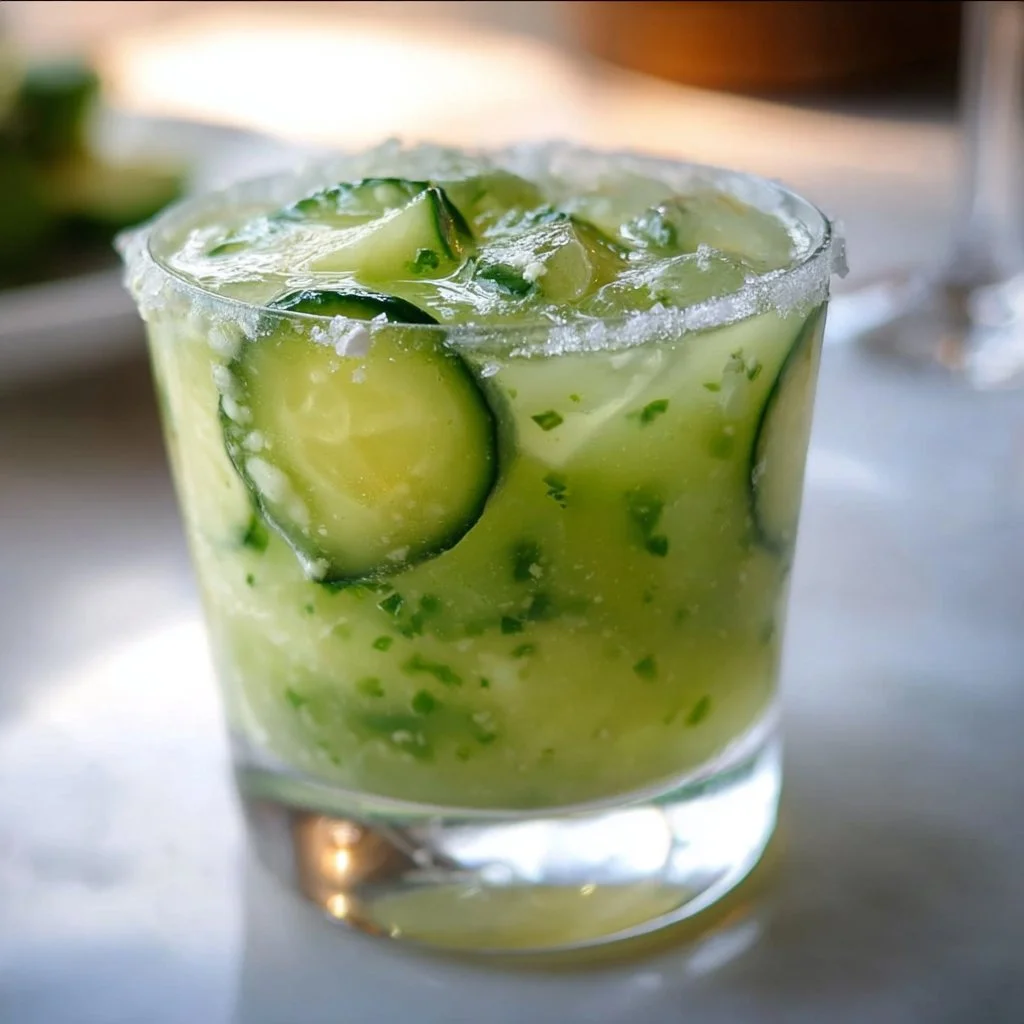 Refreshing Cucumber Virgin Margarita with lime and cucumber garnish.