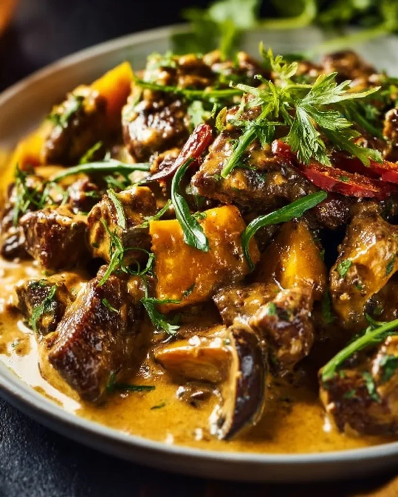Curried Beef & Mushrooms with creamy peanut sauce served on a plate
