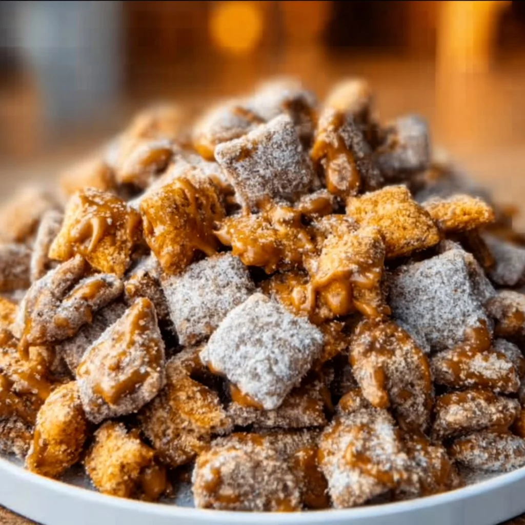 Bowl of decadent Butterfinger Puppy Chow, a sweet and crunchy snack treat.