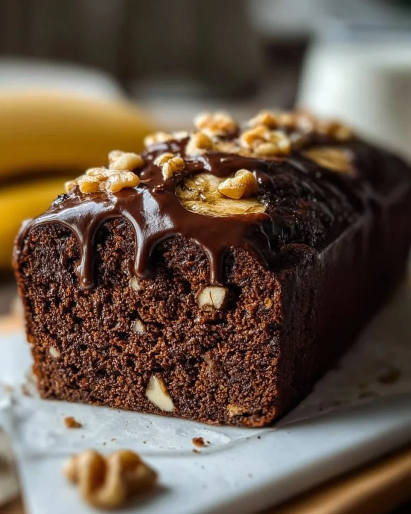 Decadent chocolate walnut banana bread slice on a wooden board
