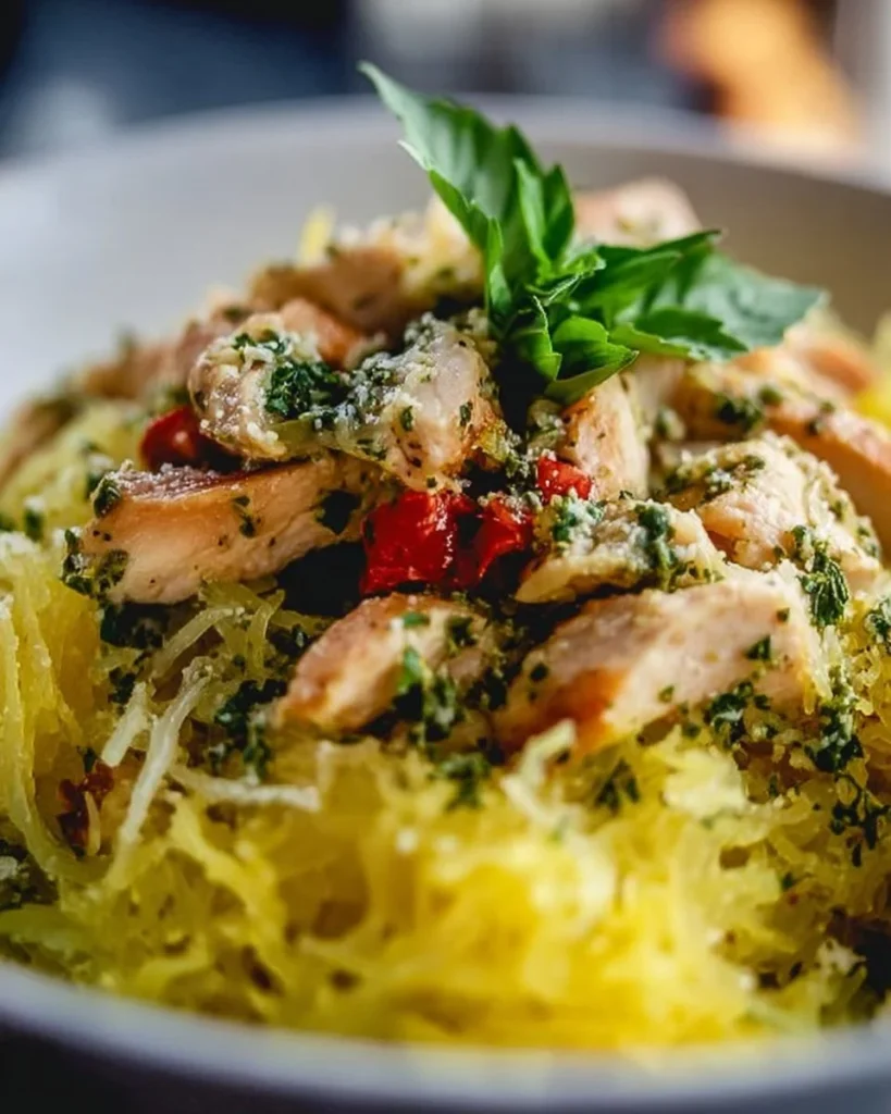 Delicious chicken pesto spaghetti squash served with fresh basil and cheese