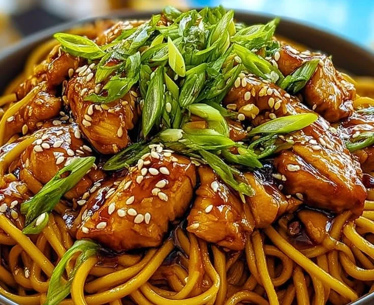 Delicious chicken teriyaki noodles served in a bowl with colorful vegetables