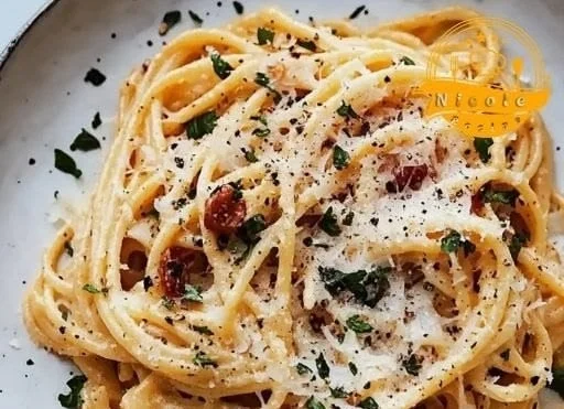 Plate of delicious cornbread spaghetti topped with herbs and cheese