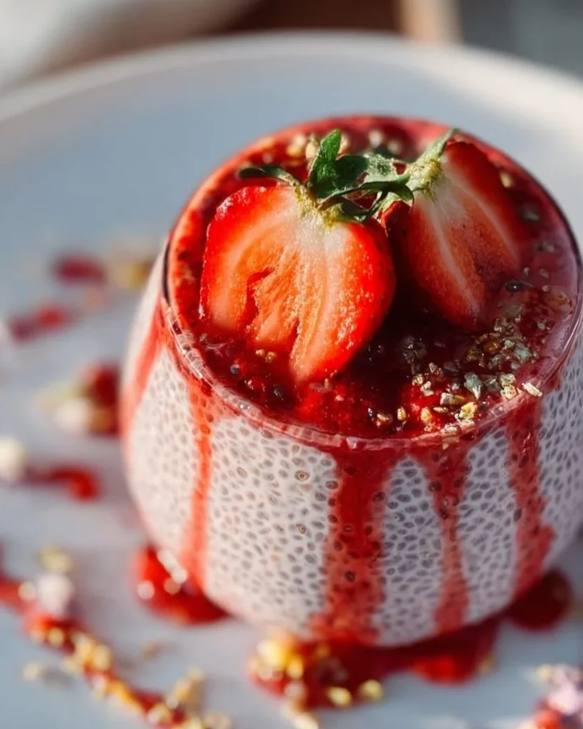 Creamy strawberry chia pudding in a glass topped with fresh strawberries.