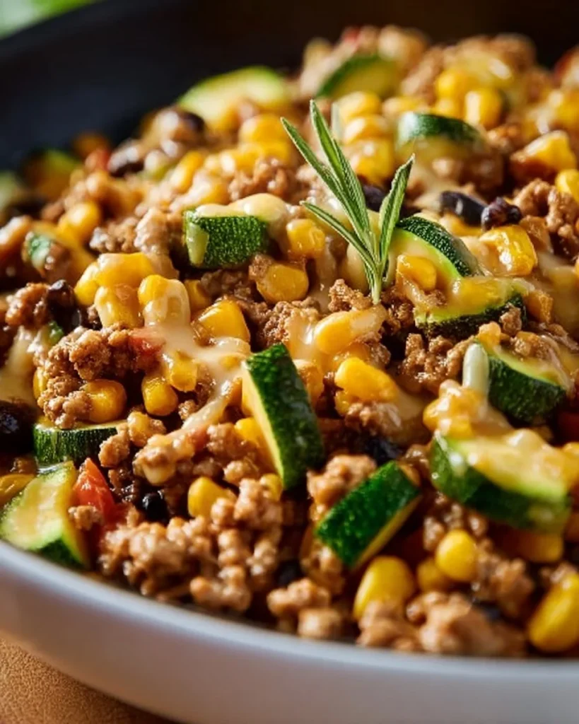 Delicious ground turkey skillet with zucchini and corn in a frying pan