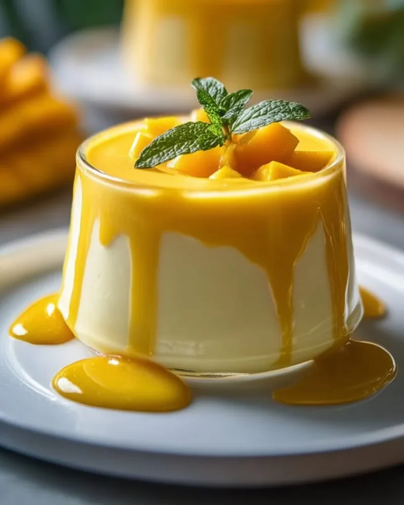 Deliciously creamy vegan mango mousse garnished with fresh mango slices