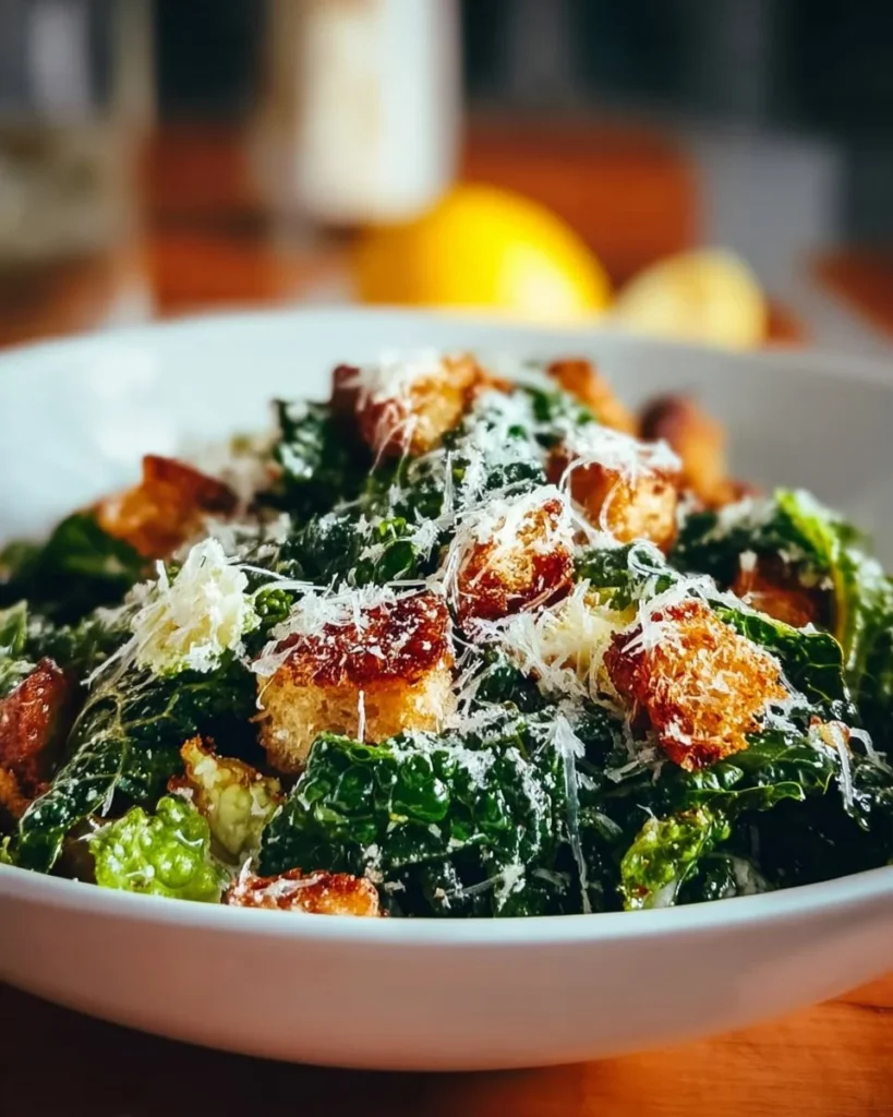 Easy kale caesar salad ready in 15 minutes with creamy dressing and toppings.