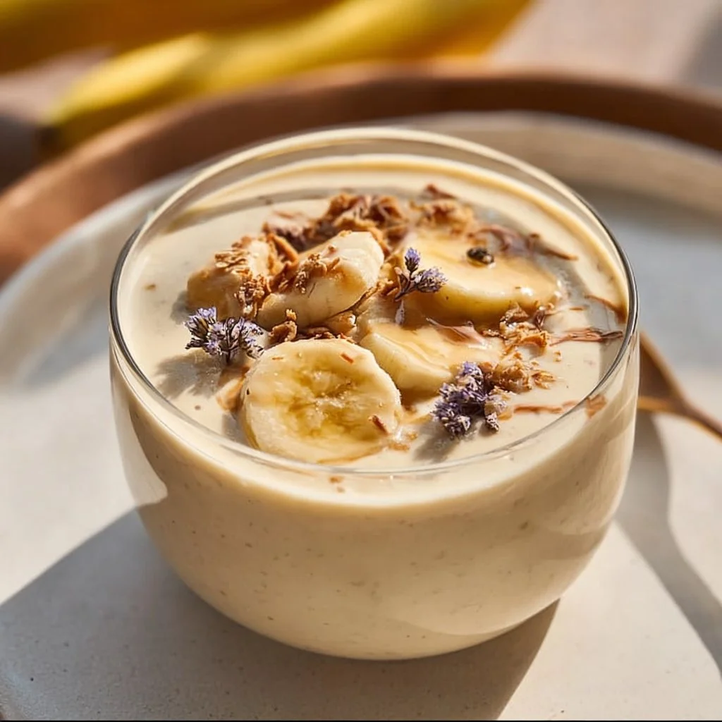 Easy banana smoothie in a glass with fresh bananas and a straw