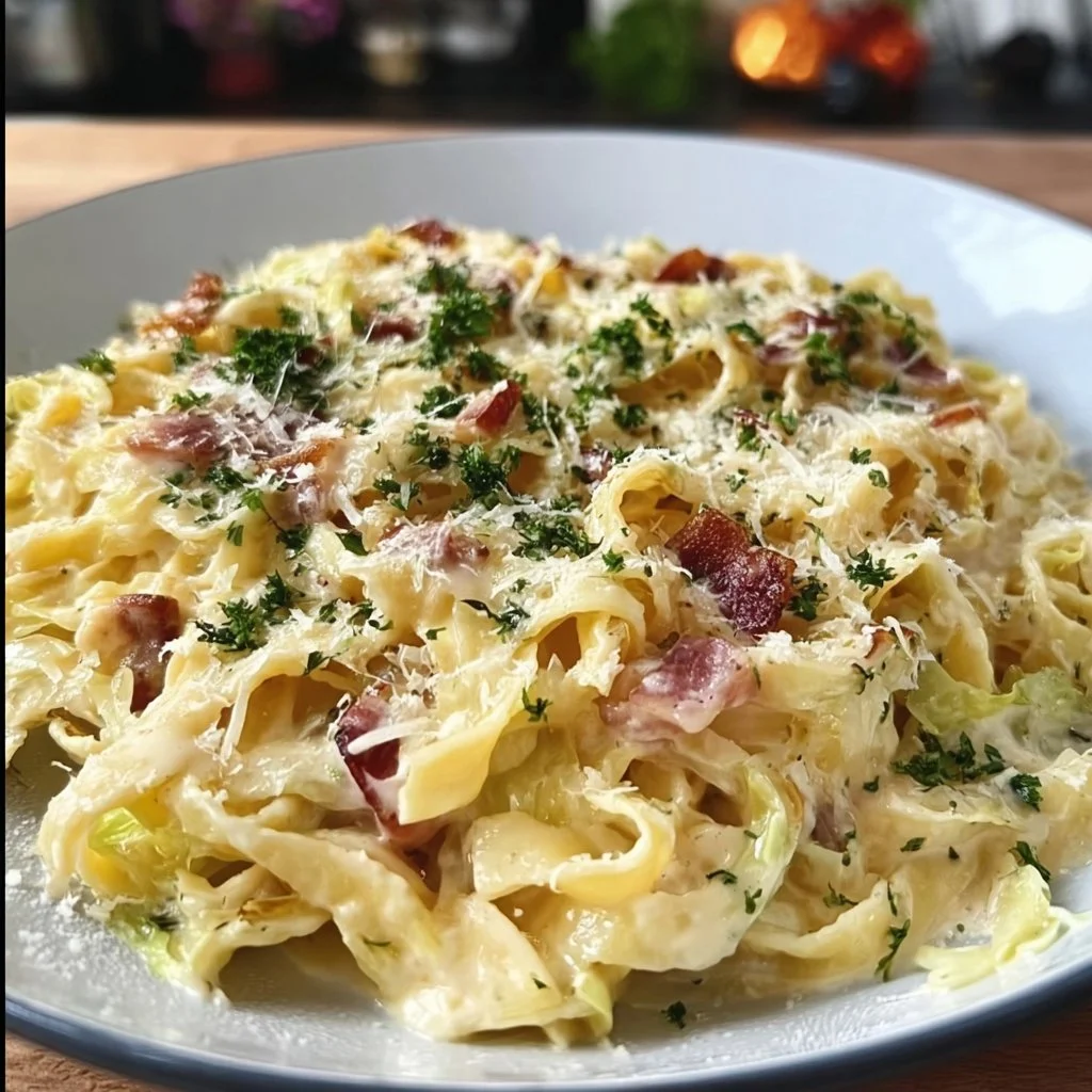 Creamy cabbage carbonara served in a bowl with parsley garnish.