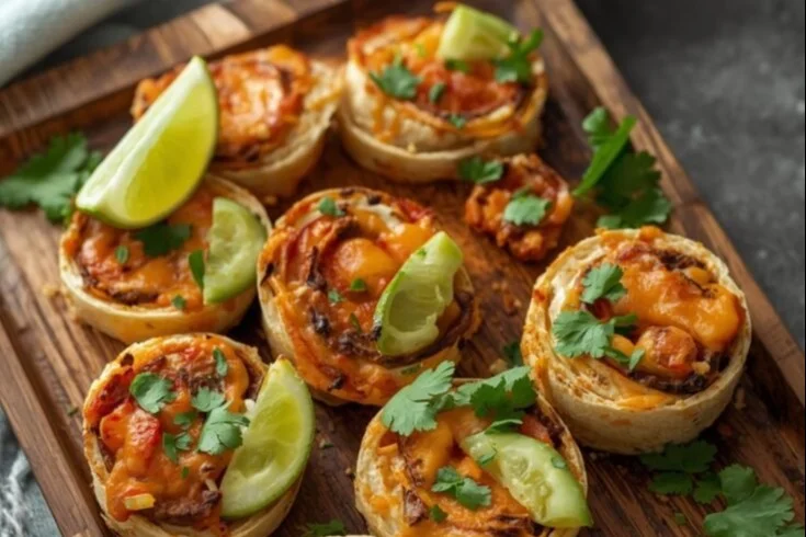 Delicious easy cheesy taco pinwheels served on a platter as a party appetizer.