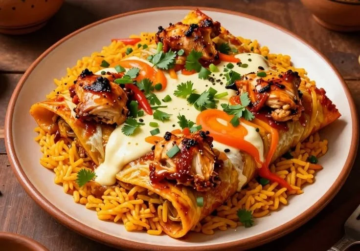 Easy chicken enchilada rice casserole served in a dish with toppings