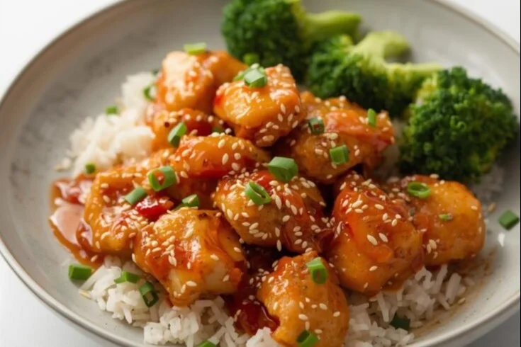 Delicious hot orange chicken served with rice and vegetables