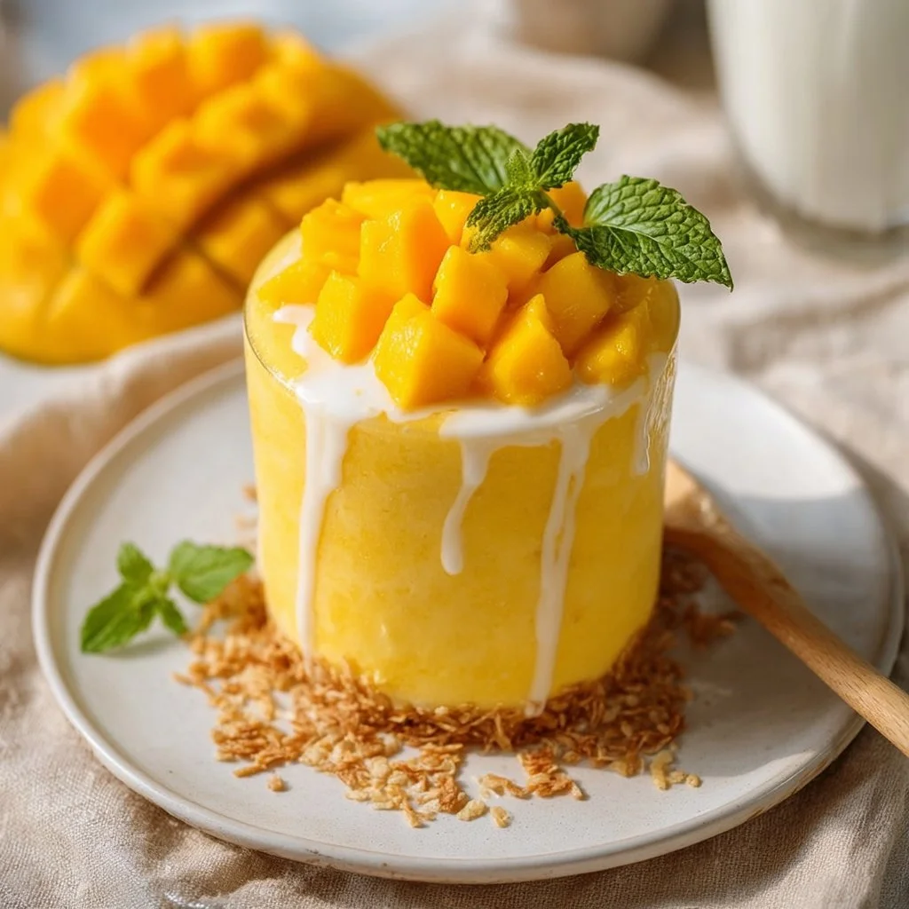 Delicious easy mango smoothie in a glass with tropical fruit garnish