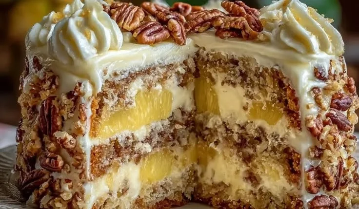 Slice of easy pineapple pecan cake with pineapple and pecans on top