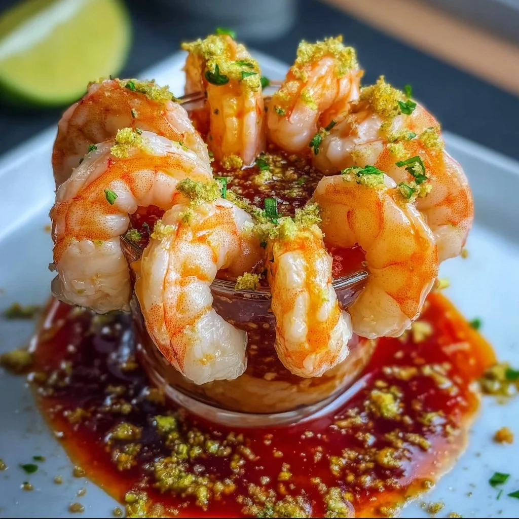 Easy shrimp cocktail served with wasabi dipping sauce, garnished with lemon.