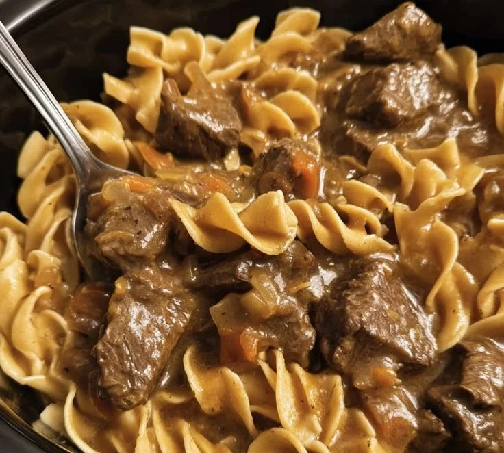 Bowl of easy slow cooker beef and noodles topped with herbs.