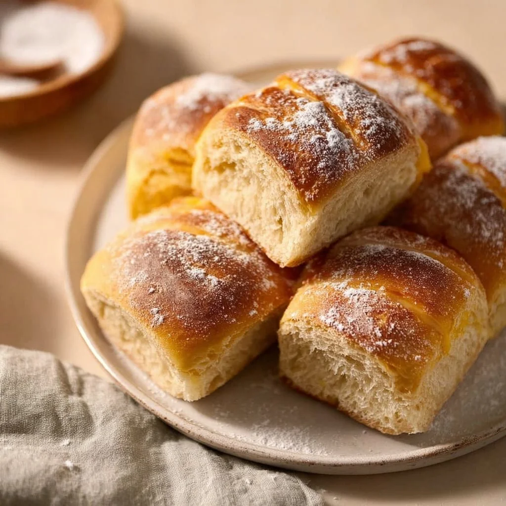 Freshly baked sourdough ciabatta rolls on a wooden surface