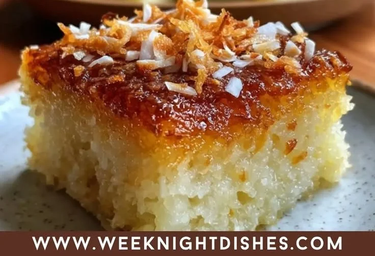 Slice of Easy Sticky Coconut Cake topped with coconut flakes on a white plate.