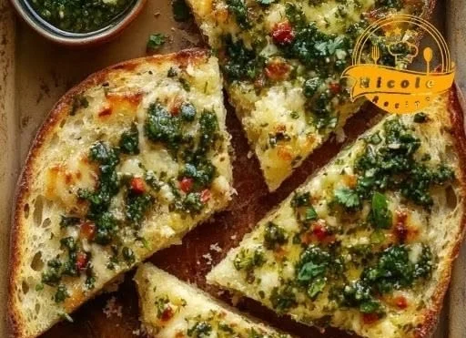 Garlic bread topped with chimichurri sauce, creating a flavorful dish.