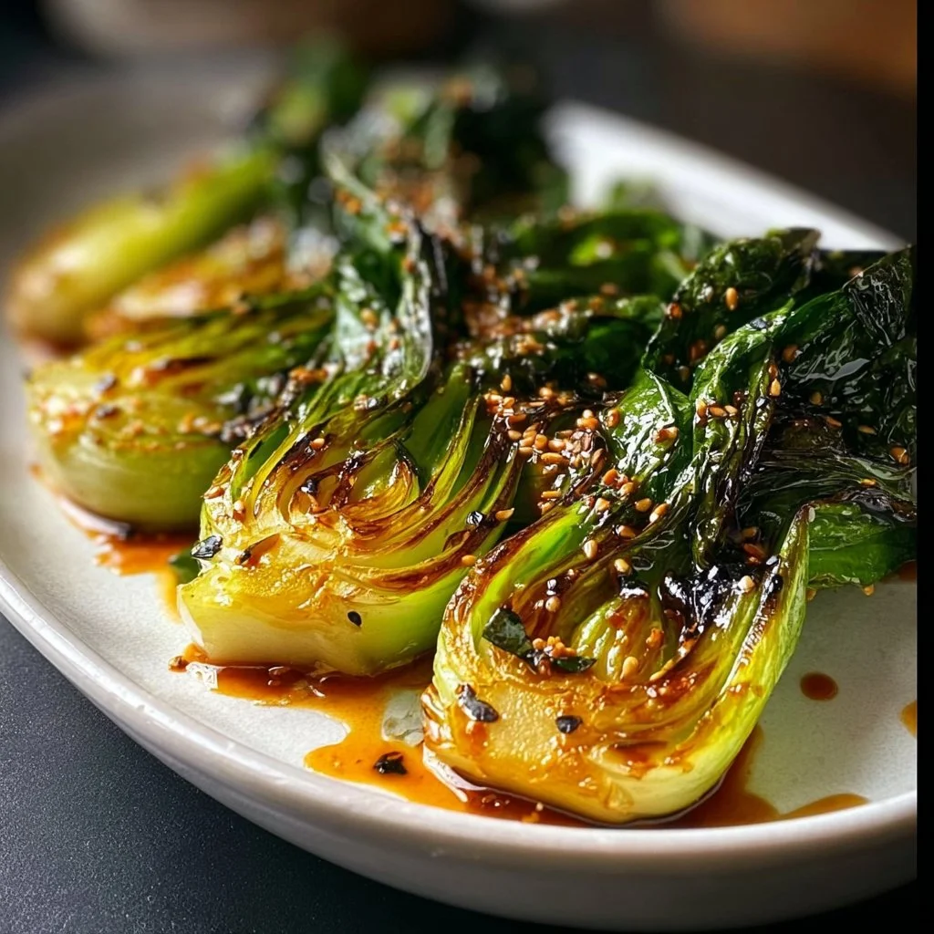 Garlic Sesame Baby Bok Choy dish served with a drizzle of sesame oil.