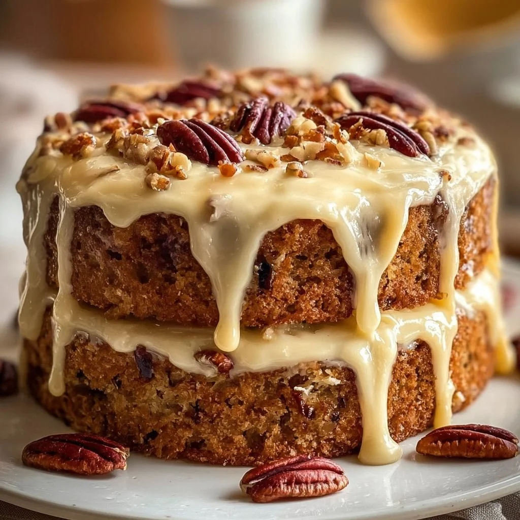 Gluten-free hummingbird cake with bananas and pineapple on a decorative plate