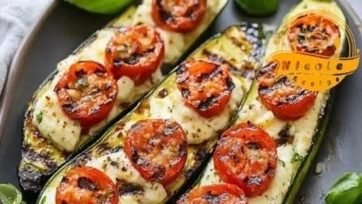 Grilled Caprese stuffed zucchini boats with tomatoes and mozzarella