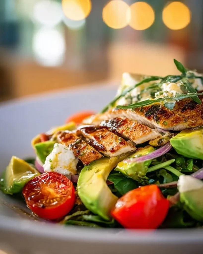 Delicious grilled chicken and avocado salad served in a bowl