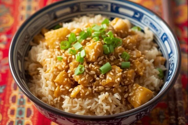 High protein Asian chicken fried rice served in a bowl with colorful vegetables
